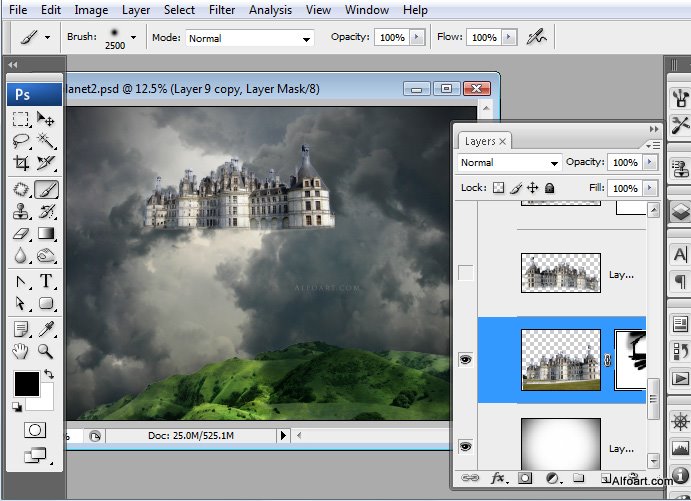 Castle in the Sky, castle in the clouds, dreamy landscape, mysterious, illustration, fantastic, rainbow effect in photoshop